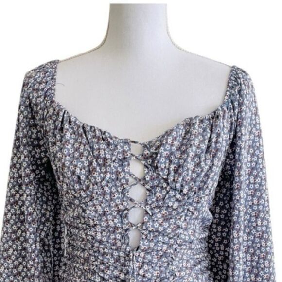 Mable Women Sm Milkmaid Mini Dress Ruching Lace Up Bodycon Long‎ Sleeves - Picture 2 of 8